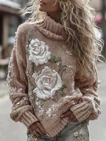 Suéter de cuello alto de punto acogedor con diseño de rosas vintage 