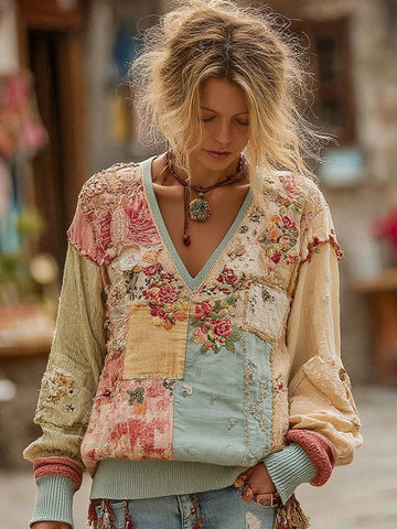 Sweat-shirt confortable à col en V pour femme, style bohème rétro, à coutures florales. 