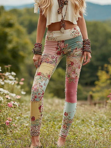 Leggings casuales con estampado floral patchwork vintage 