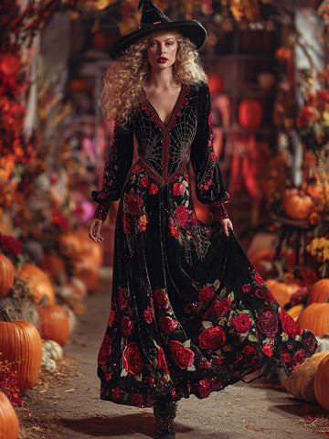Vestido largo de terciopelo cómodo con estampado clásico de rosas y telarañas para mujer, ideal para Halloween. 