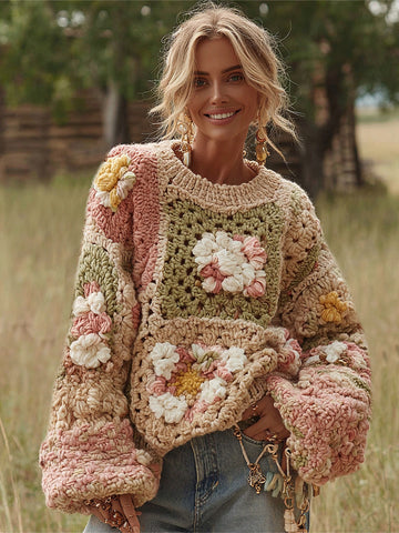 Suéter floral de rosas de ganchillo estilo boho clásico para mujer 
