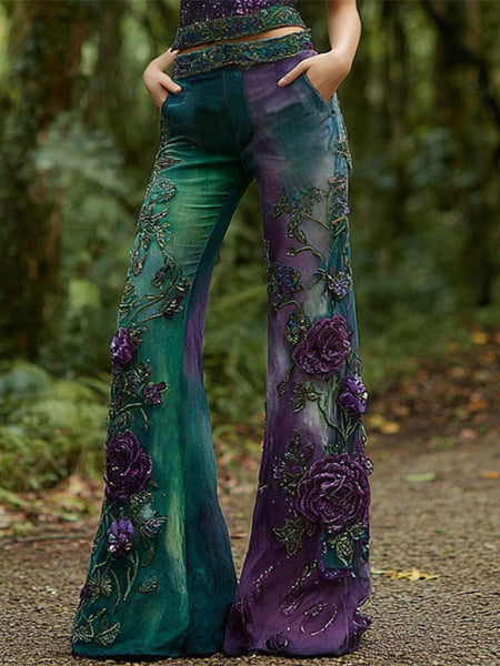 Pantalones vaqueros rectos acampanados con estampado degradado de rosas bordadas para mujer 