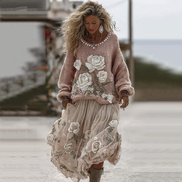 Classic Rose In Pink Art Cozy Knit Round Neck Sweater And Linen Skirt Two-piece Set