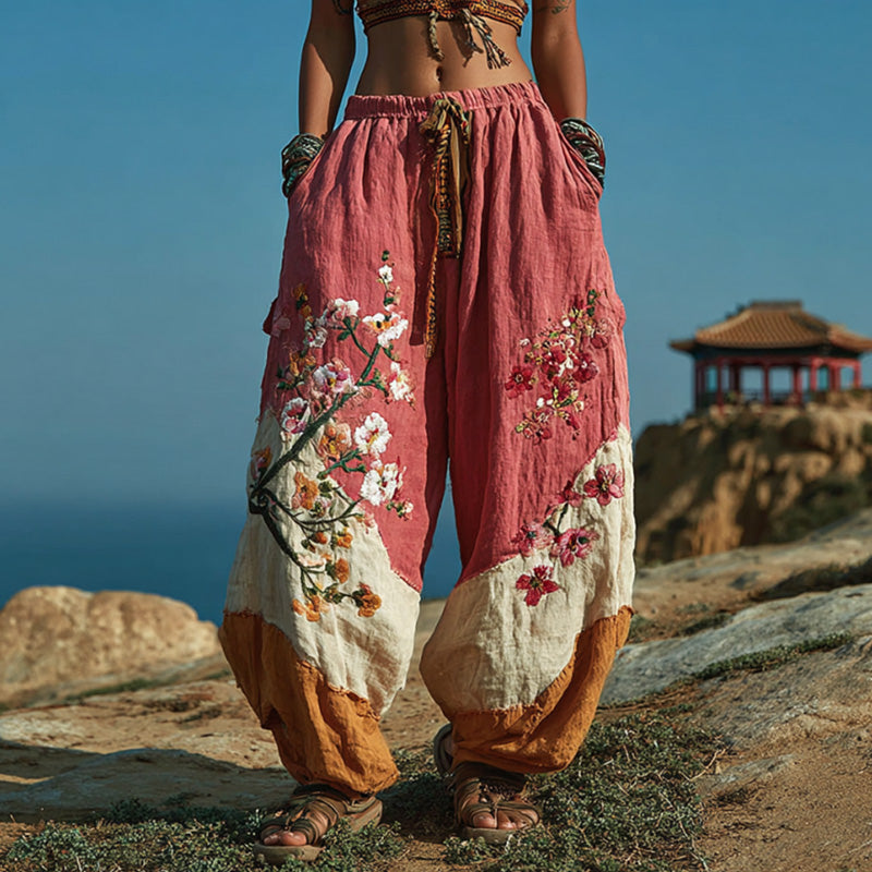 Pantalon bohème rétro décontracté pour femme, imprimé floral brodé 