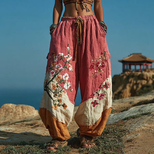 Pantalones casuales retro bohemios con estampado floral bordado para mujer 