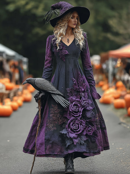 Women's Vintage Halloween Purple Rose Art Comfy Linen Maxi Dress