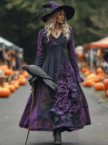 Vestido largo de lino cómodo con estampado de rosas moradas estilo vintage para mujer, ideal para Halloween. 