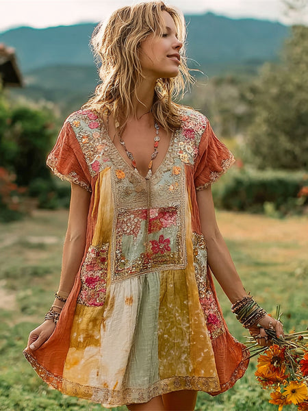 Vestido corto de lino estilo boho con estampado floral de atardecer para mujer 