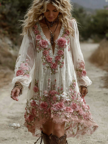 Vestido corto de manga larga con cuello en V y bordado floral vintage para mujer 