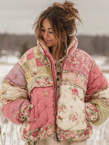 Ropa acolchada de algodón cálido con patchwork floral para mujer 