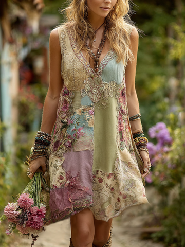 Vestido camisero vintage de algodón y lino con estampado floral para mujer 