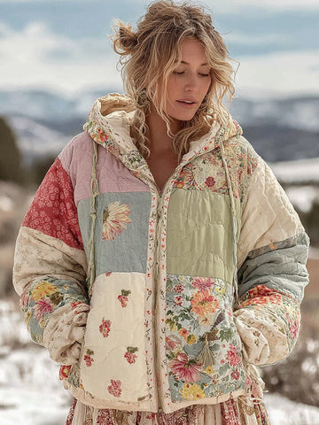 Women's Boho Floral Patchwork Quilted Warm Hooded Cotton Padded Clothes