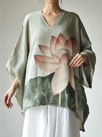 Blusa holgada de mezcla de algodón y lino con estampado floral bohemio de loto 