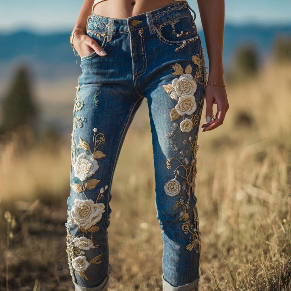 Pantalones vaqueros largos de mujer estilo bohemio con bordado de flores y plantas, corte holgado, pierna ancha y rectos. 