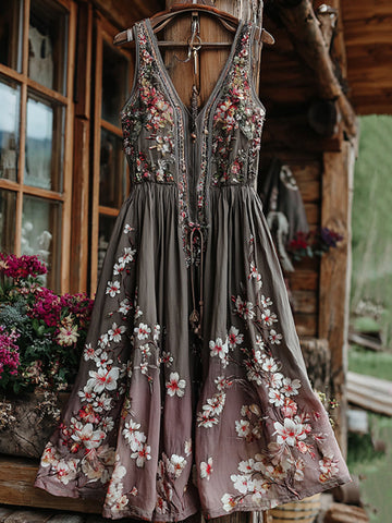 Robe midi confortable à col en V et imprimé floral bohème pour femme 