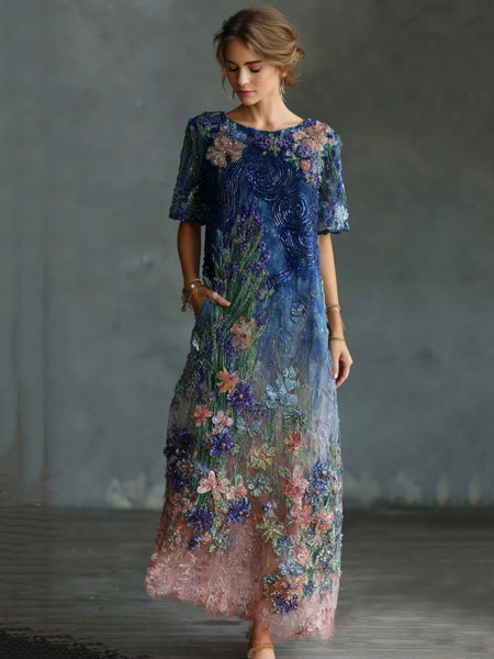 Women's Oil Painting Floral Contrast Color Sequined Maxi Dress