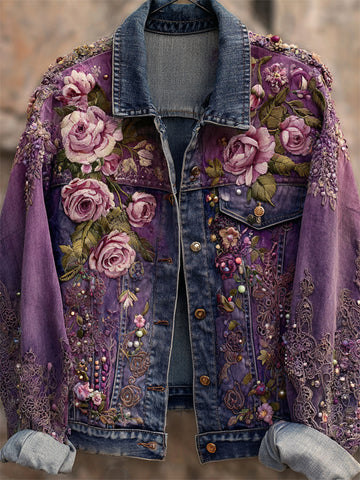 Chaqueta vaquera teñida con bordado de rosas lavanda estilo boho 