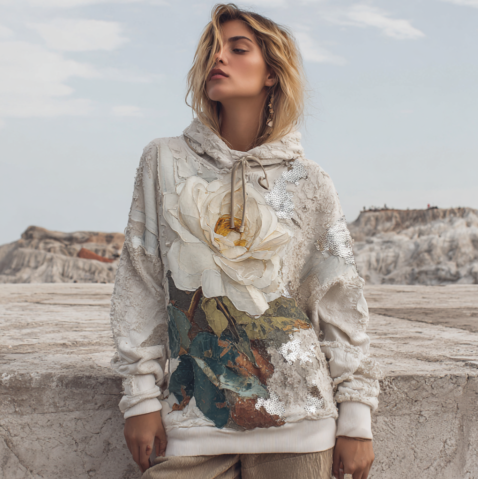 Bohemian Style 3d Pink Rose With Sequins Women's Hooded Long-sleeve Sweatshirt