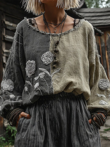 Camisa de lino patchwork con bordado de rosas vintage para mujer 