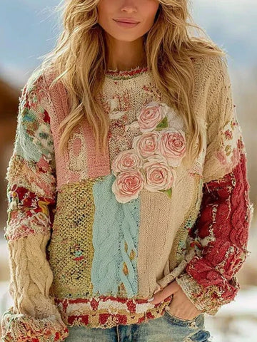 Suéter de punto grueso con cuello redondo y estampado floral de rosas vintage para mujer 