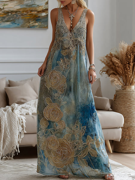 Vintage Marble Texture Collection Retro Bohemia Gradient Gilded And Rose Pattern Linen Maxi Dress