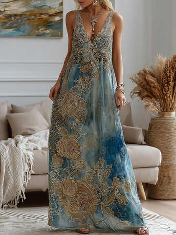 Vestido largo de lino con textura de mármol vintage, estilo bohemio retro, degradado dorado y estampado de rosas. 