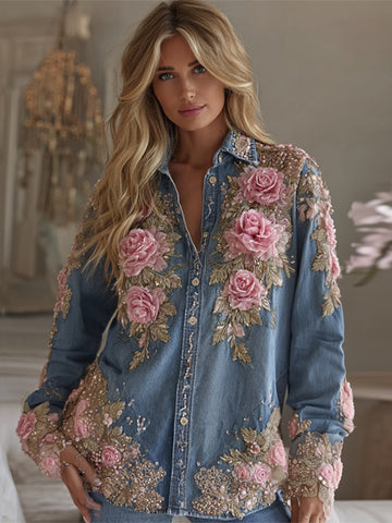 Camisa de lino con bordado floral vintage para mujer 