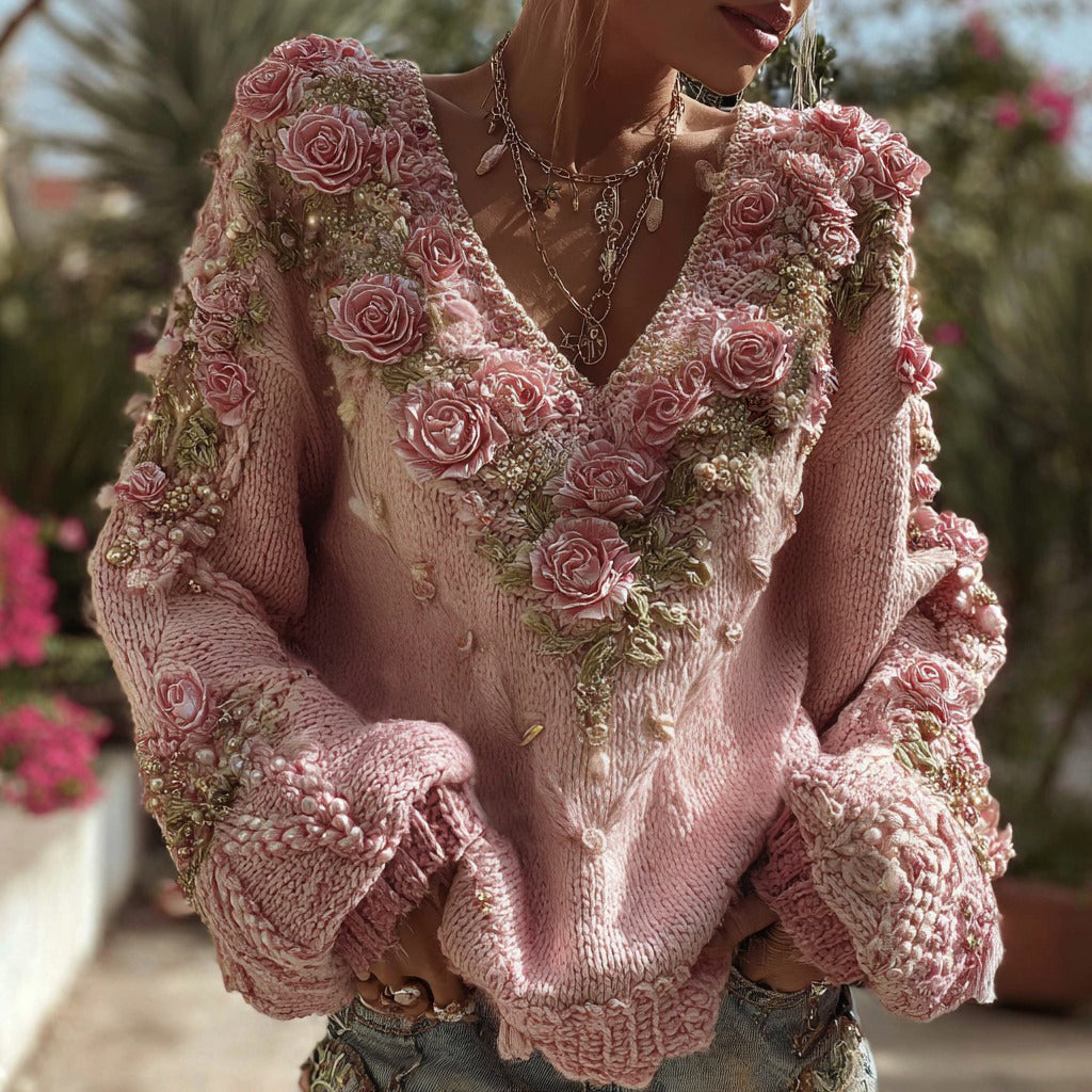 Pull vintage rose à col en V pour femme 