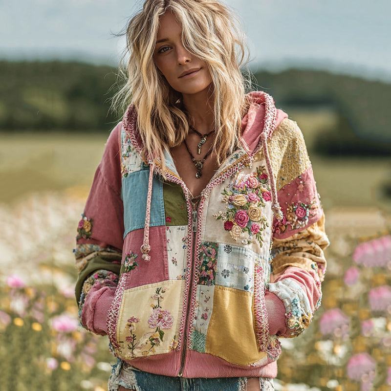 Women's Vintage Rose Floral Patchwork Cozy Warm Zipper Hoodie