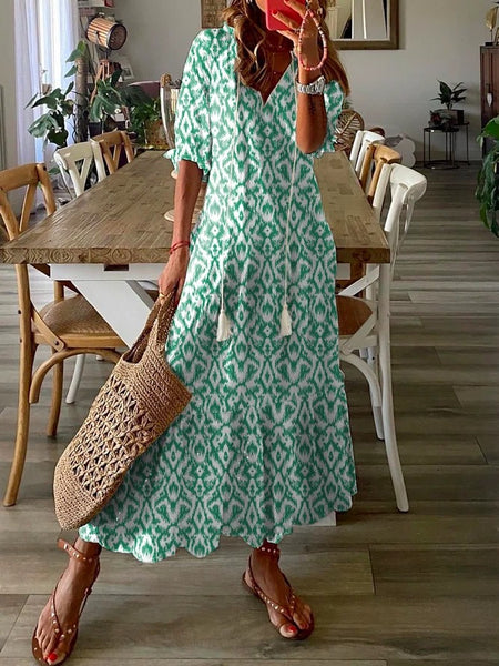 Vestido boho de manga corta con estampado floral, estilo casual otoñal, geométrico y de talla grande. 