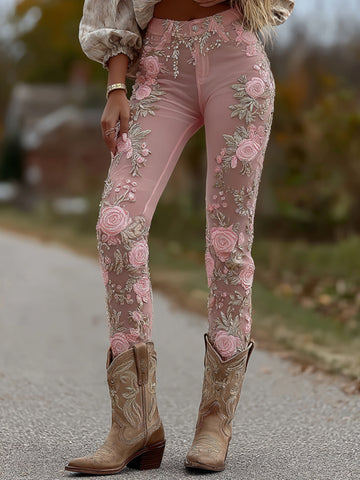Jeans holgados vintage para mujer con bordado floral de rosas 