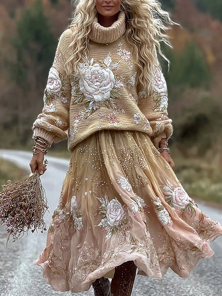 Vintage Rose In Gradient Yellow Art Cozy Knit Turtleneck Sweater And Linen Skirt Two-piece Set