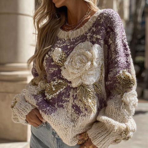 Suéter de punto cálido de cuello redondo con estampado de rosas blancas vintage para mujer 