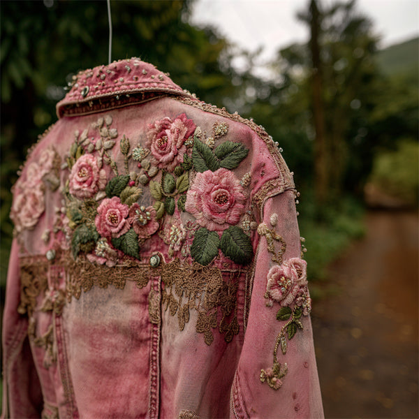 Boho Roses Lace Embroidered Pink Washed Denim Jacket