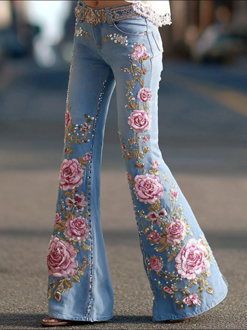 Pantalon long en jean pour femme, style bohème, broderies florales, coupe ample, jambes larges et droites 
