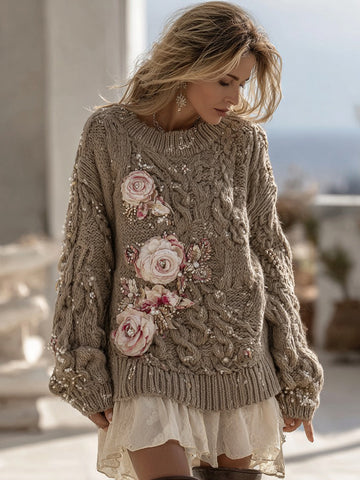 Suéter vintage de mujer con cuello redondo y cuello redondo de punto grueso con estampado floral de rosas rosas 