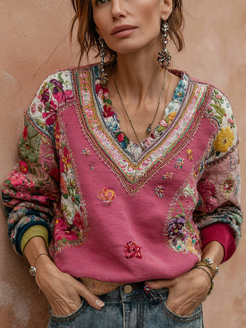 Sudadera informal de cuello en V con bordado floral bohemio para mujer 