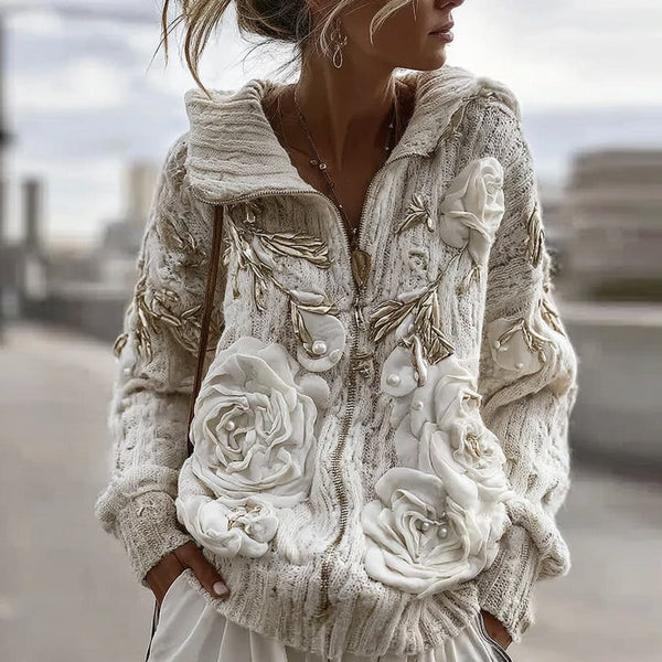 Women's Vintage White Rose Chunky Knit Zipper Cardigan Sweater