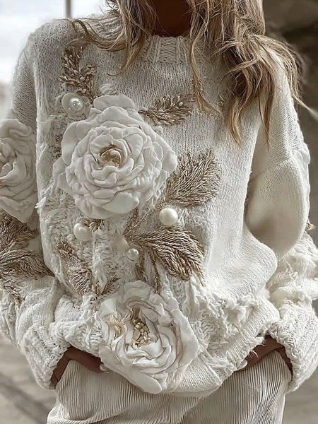 Women's Vintage White Rose Chunky Knit Turtleneck Sweater