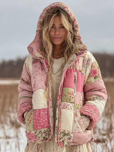 Vêtements chauds matelassés à capuche en coton à patchwork floral pour femmes 