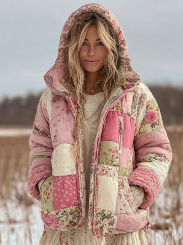 Vêtements chauds matelassés à capuche en coton à patchwork floral pour femmes 