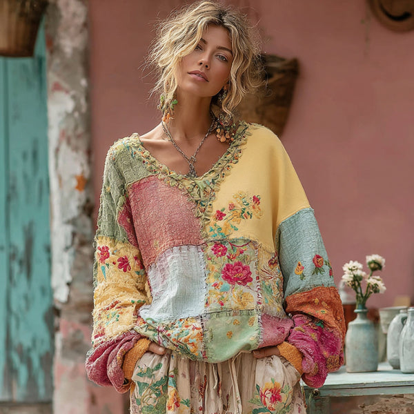 Sudadera informal de cuello en V para mujer con bordado floral en tonos macaron y diseño patchwork. 