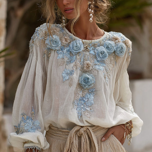 Women's Vintage Blue Rose Embroidery Art Crew Neck Linen Shirt