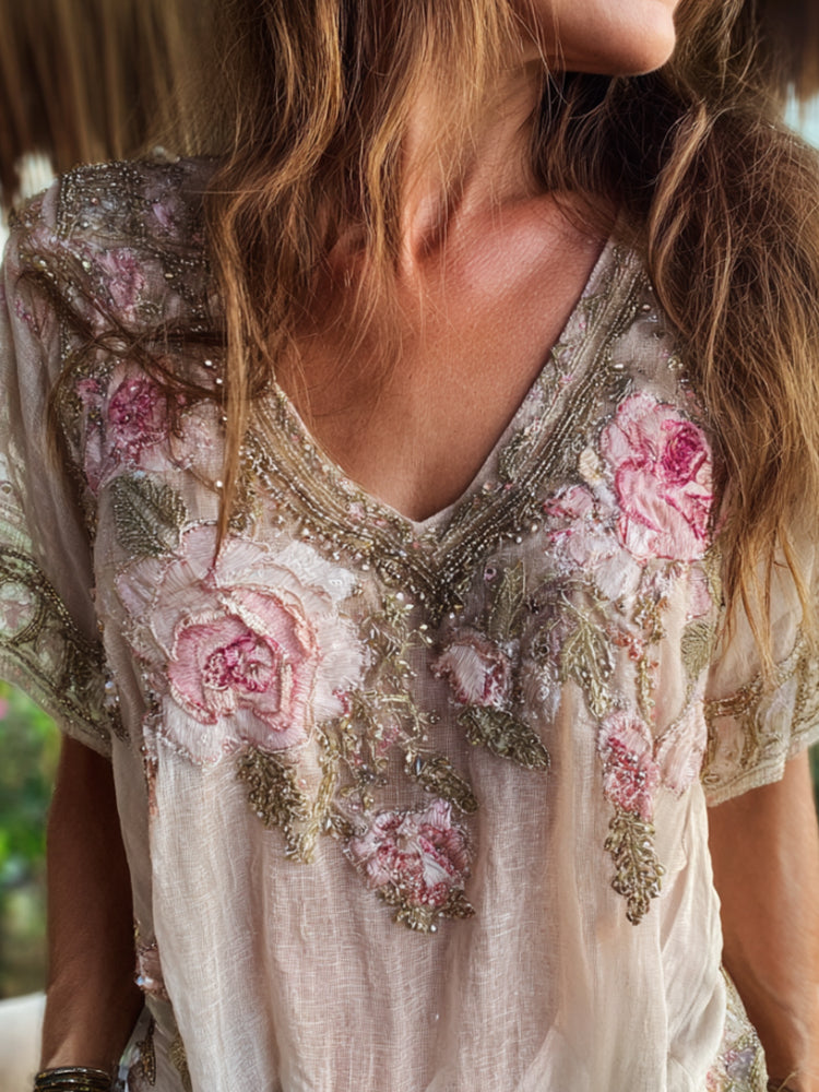 Top retro de manga corta con cuello en V y bordado de rosas para mujer 