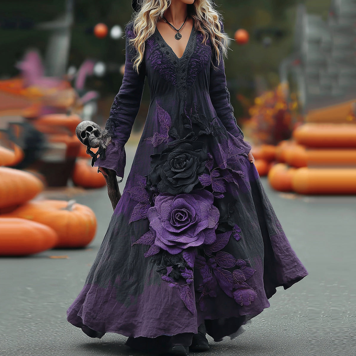 Vestido largo de lino cómodo con estampado de rosas moradas, estilo clásico de Halloween para mujer 