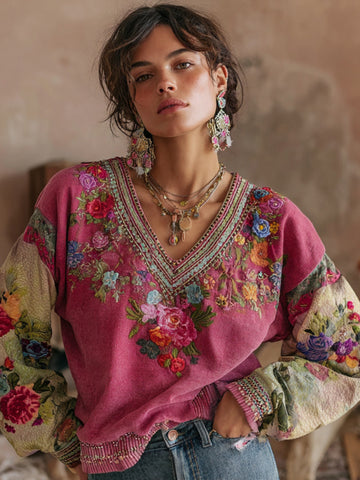 Sudadera informal de mujer con cuello en V, bordado floral bohemio y color contrastante 