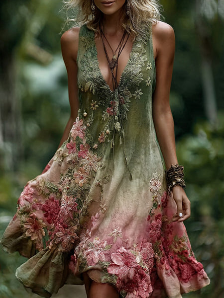 Vestido midi de lino con bordado floral y rosas degradadas de estilo vintage 