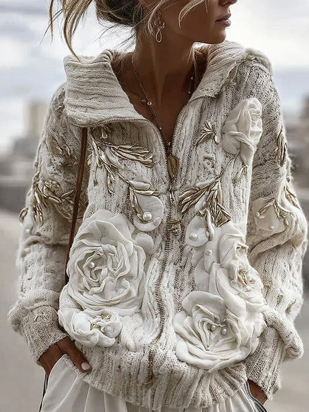 Women's Vintage White Rose Chunky Knit Zipper Cardigan Sweater