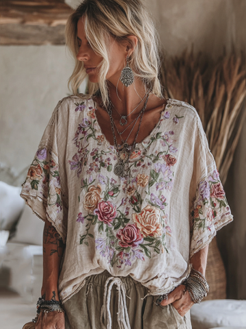 Chemise vintage à manches courtes en lin brodée de fleurs 
