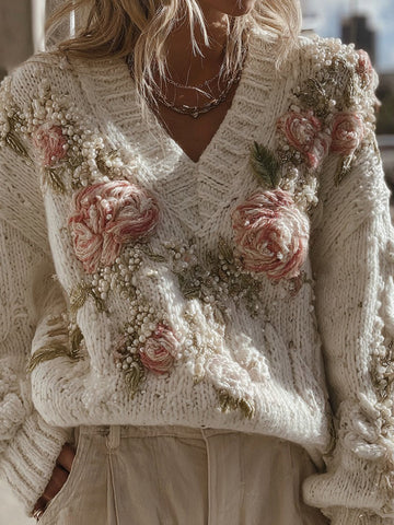 Suéter de punto grueso con cuello en V y estampado de rosas rosas vintage para mujer 